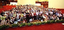 Group photo after the 2008 closing ceremony Wikimania2008 closing event 006.jpg