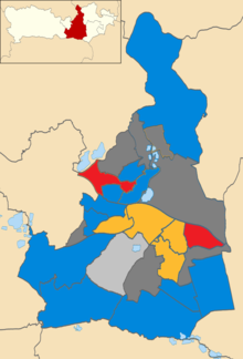 2018 Election Results for Wokingham Borough. Conservatives in blue, Liberal Democrats in yellow, Labour in Red and independent in light grey. Wards in dark grey were not contested in 2018. Wokingham UK local election 2018 map.png