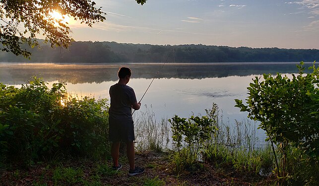 Youth fishing on a Missouri lake at dawn