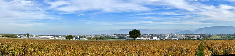 The ZIMEYSA industrial area of Satigny, with the Alps in the background and the CERN on the left of the picture ZIMEYSA.jpg