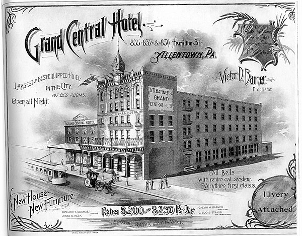 A 1900 advertisement for the Grand Central Hotel in Allentown