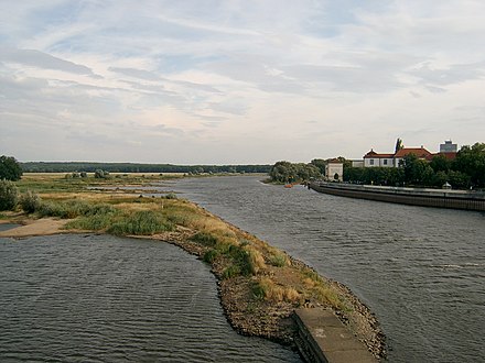 Frankfurt (Oder), view over the river Oder/Odra from the city bridge of Frankfurt (Oder) and Słubice