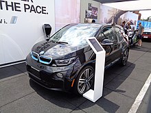 A BMW i3 electric car on display in the eVillage at the 2017 ePrix. 2017 New York ePrix - Saturday 19.jpg