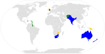 Highlighted are the countries that participated in the 2019 Cricket World Cup.
.mw-parser-output .legend{page-break-inside:avoid;break-inside:avoid-column}.mw-parser-output .legend-color{display:inline-block;min-width:1.25em;height:1.25em;line-height:1.25;margin:1px 0;text-align:center;border:1px solid black;background-color:transparent;color:black}.mw-parser-output .legend-text{}
Qualified as host
Qualified via the ICC ODI Championship ranking
Qualified via the 2018 qualifier
Participated in the qualifier but failed to qualify 2019 Cricket World Cup participating nations.svg