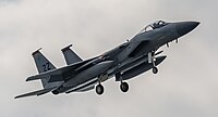 A US Air Force F-15C Eagle, tail number 80-0012, on final approach at Kadena Air Base in Okinawa, Japan