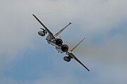 An F-15C Eagle, tail number 86-0163, taking off from RAF Lakenheath in the United Kingdom. The aircraft is assigned to the 493rd Fighter Squadron in the United States Air Force.