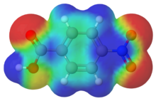 Charge density surface of 4-nitro-benzoicacid. Calculated with COSMO. 4-Nitrobenzoic-acid-elpot-3D-vdW.png