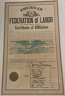 The Associated Actors and Artistes of America certificate of affiliation with the American Federation of Labor