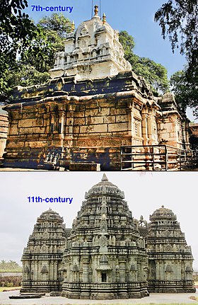 Upper: 7th-century Mahakutesvara temple with Dravida architecture (Mahakuta complex of Hindu temples, east of Badami); Lower: 11th-century Kedareshvara Temple, Balligavi in developed Vesara form (highly evolved bhadra, with miniature northern shikharas as motifs). 7th-century Dravida architecture versus 11th-century Vesara architecture, Indian temples.jpg