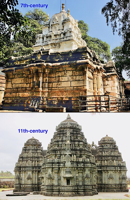 Upper: 7th-century Mahakutesvara temple with Dravida architecture (Mahakuta complex of Hindu temples, east of Badami); Lower: 11th-century Kedareshvar