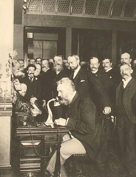 Alexander Graham Bell ceremonially inaugurating the first New York-to-Chicago telephone line in 1892