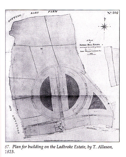 Thomas Allason's 1823 plan for the development of the Ladbroke Estate, consisting of a large central circus with radiating streets and garden squares,