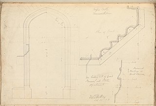 Raglan Castle, Monmouthshire, Wales: Elevation and Details of Door in Grand Staircase