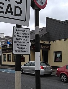 Sign in Celbridge, Ireland, declaring that public drinking is punishable by a fine Anti-public drinking sign in Celbridge, Ireland.jpg