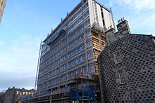 Appleton Tower under renovation in 2016; works to reclad the tower and add another floor. The works were completed in 2017. Appleton tower renovations January 2016.jpg