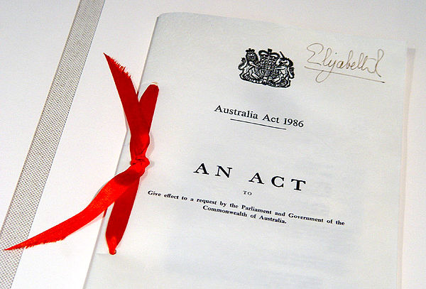 Photo of the Australia Act 1986 (United Kingdom) document located in Parliament House, Canberra