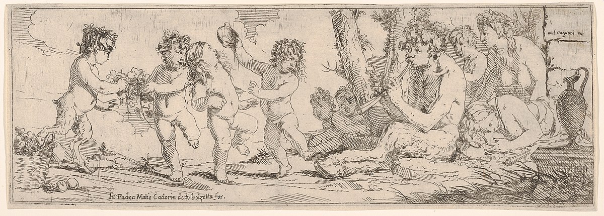 satyr playing a lute and surrounded by four figures, who look toward a succ...