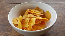 Banana chips made from saba, the main processed banana export of the Philippines Banana chips from the Philippines made with Saba bananas 01.jpg