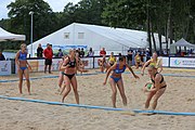 Deutsch: Beachhandball Europameisterschaften 2019 (Beach handball Euro); Tag 2: 3. Juli 2019 – Frauen, Vorrunde Gruppe D, Dänemark-Russland 2:0 (21:16, 18:12) English: Beach handball Euro; Day 2: 3 July 2019 – Women Preliminary Round Group D – Denmark-Russia 2:0 (21:16, 18:12)