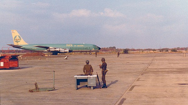 Lebanese Army soldiers on guard duty at Beirut International Airport in 1982.