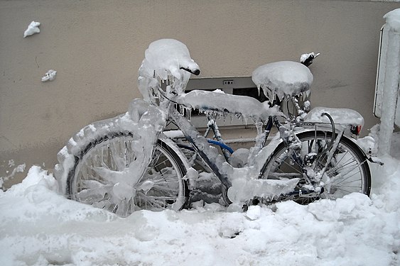 Bike covered with ice, Stralsund, Germany