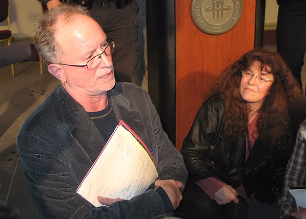 Ayers and wife Bernardine Dohrn speaking to audience members following a forum on education reform at Florida State University in 2009.