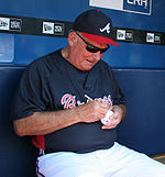 Braves manager Bobby Cox retired in 2010 after 25 years of management. Bobby Cox signs autograph CROPPED.jpg