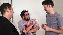 Woods with Bobby Moynihan in 2015 Bobby Moynihan & Zach Woods, Del Close Marathon 2.09.jpg