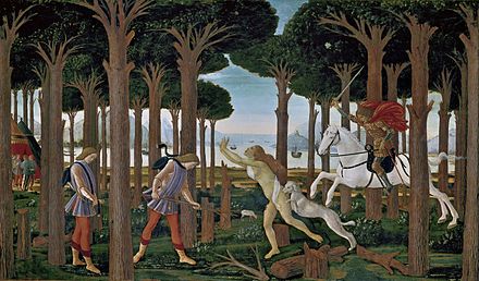 Botticelli,  Nastagio meets the woman and the knight in the pine forest of Ravenna , Prado, Madrid