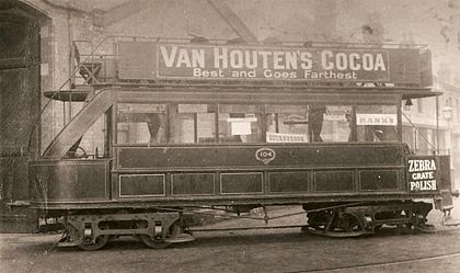 BCTC's Car No. 104 outside the tram shed in Dawlish Road, Bournbrook, in 1891. This vehicle survives, at the Black Country Living Museum. Bournbrook Tram.jpg