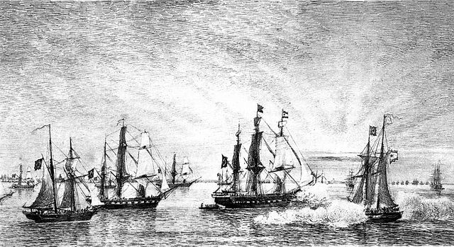 Brazilian ships blockading Buenos Aires celebrate the end of the Cisplatine War