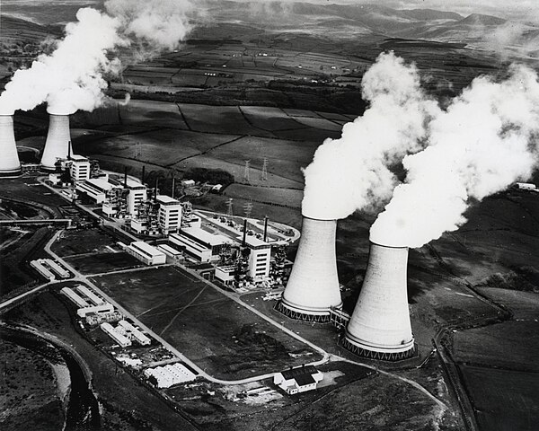 The Calder Hall nuclear power station in the United Kingdom, the world's first commercial nuclear power station.