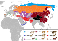 Present range of Canis lupus subspecies in Eurasia Canis lupus subspecies range Eurasia.png
