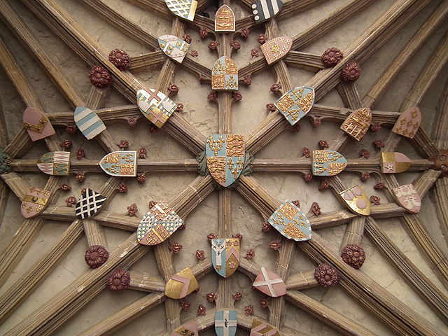 Arms of Baron Grey of Codnor on a ceiling boss in the South Porch of Canterbury Cathedral, built in 1422