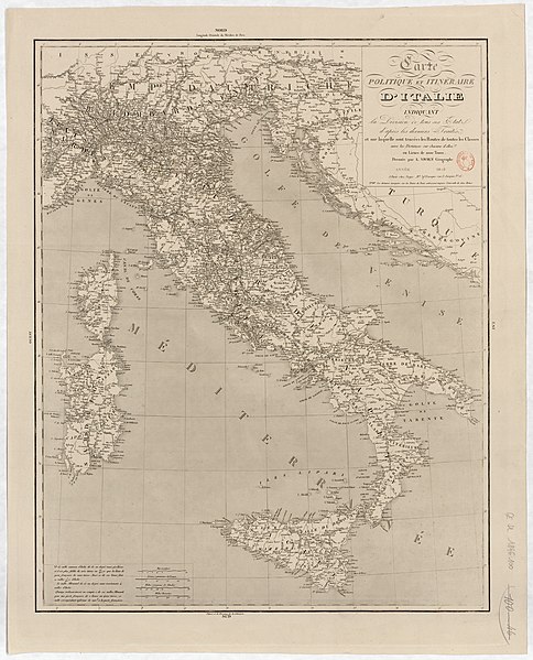 File:Carte politique et itinéraire d'Italie - indiquant la division de tous ses États d'après les derniers traités et sur laquelle sont tracées les routes de toutes les classes avec les distances sur chacune d'elles... - btv1b53087752q.jpg