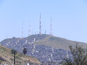 Cerro del Cuatro in Guadalajara. Most Mexican television stations transmit from mountains like this one, to increase signal coverage. CerroDelCuatro.jpg