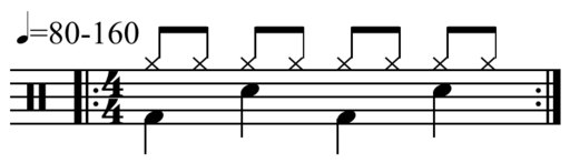 Drum set notation for a standard rock drum set pattern in four-four meter. The bass drum plays on beats 1 and 3. The snare drum plays on beats 2 and 4. The closed hi-hat cymbal plays on every eighth note of the measure.