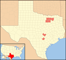 Teksasin kartta, vihreällä värilliset Collin, Travis, Dallas, Denton, Guadalupe, Tarrant ja Hunt County.