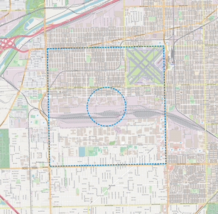 Lage und Ausdehnung des Clearing Yard 2018 (angedeutet ist der ursprüngliche Plan von Stickney's Circle)