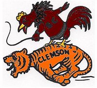 Cartoon about a South Carolina v Clemson game of 1902: the cock subdues the tiger ClemsonCarolinaTransparency1902.jpg
