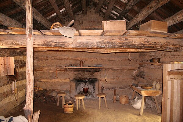 Interior of a replica 1836 prairie log cabin, in Fishers, Indiana