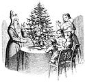 Дети и Санта Клаус у «дерева Клауса» (нем. Klausbaum). Гравюра из немецкой книги «50 басен с картинками для детей»