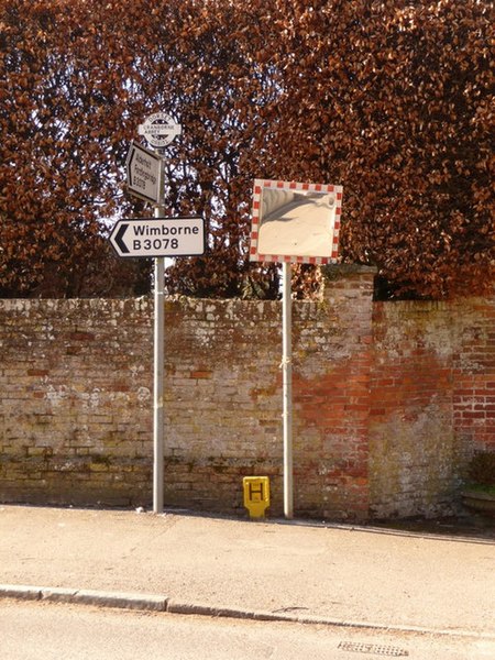 File:Cranborne, signs and mirror in Wimborne Street - geograph.org.uk - 1741292.jpg