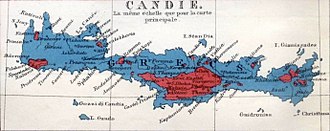 carte ancienne de la Crète : le bleu domine, une grosse tâche rouge au centre de l'île
