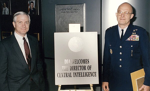 Lieutenant General James Clapper during his tenure as Director of Defense Intelligence Agency with Director of Central Intelligence Agency Robert Gate