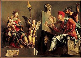 Ο Άγιος Λουκάς ζωγραφίζει την Παναγία, εικόνα πριν φύγει για Ιταλία το 1532. Κόπηκε με πριόνι στα δύο και ενώθηκε εκ νέου, αλλά ο παπαγάλος, που ήταν στο άνω μέρος, λείπει[21]