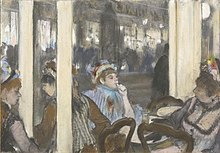 Edgar Degas, Naisia kahvilan terassilla, 1877. Maalauksessa voi nähdä japanilaisia vaikutteita ("japonismia") niin aiheessa kuin kompositiossakin.