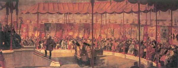 The Delhi Durbar of 1877. Lord Lytton, the Viceroy of India, is seated on the dais to the left.