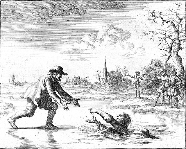 Un homme (Dirk Willems) en aide un autre à sortir d'un trou dans la glace d'une rivière gelée, avec des trois spectateurs sur la rive et une église catholique romaine derrière eux.
