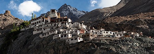Diskit Gompa, perched on a hill overlooking the confluence of the Shyok and Nubra rivers in Ladakh, India.
